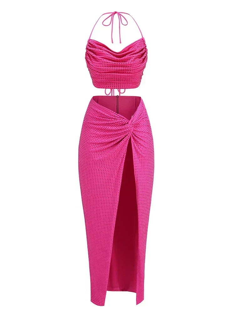 Women Diamonds 2 Piece Set Swinging Collar Crop Tops Long Skirts Christmas Party Dress Rose Red / S