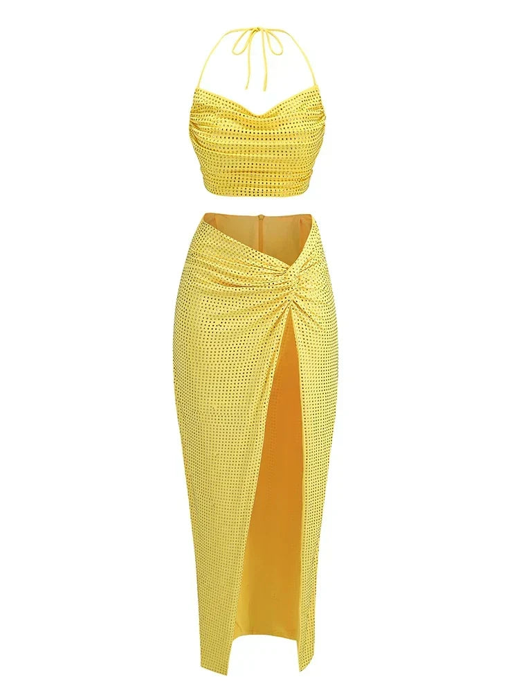 Women Diamonds 2 Piece Set Swinging Collar Crop Tops Long Skirts Christmas Party Dress Yellow / S
