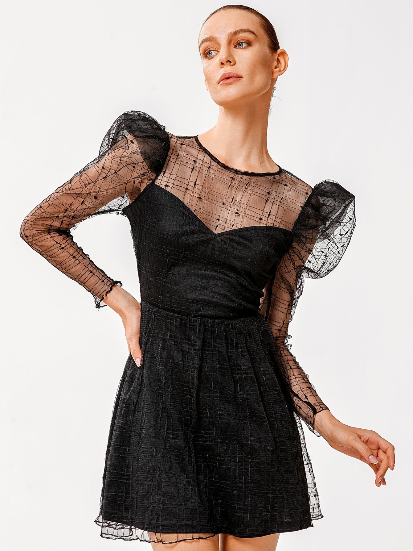 Women Fashion See Through sexy butterfly dot embroidery lace dress short skirt Gigot sleeve dress