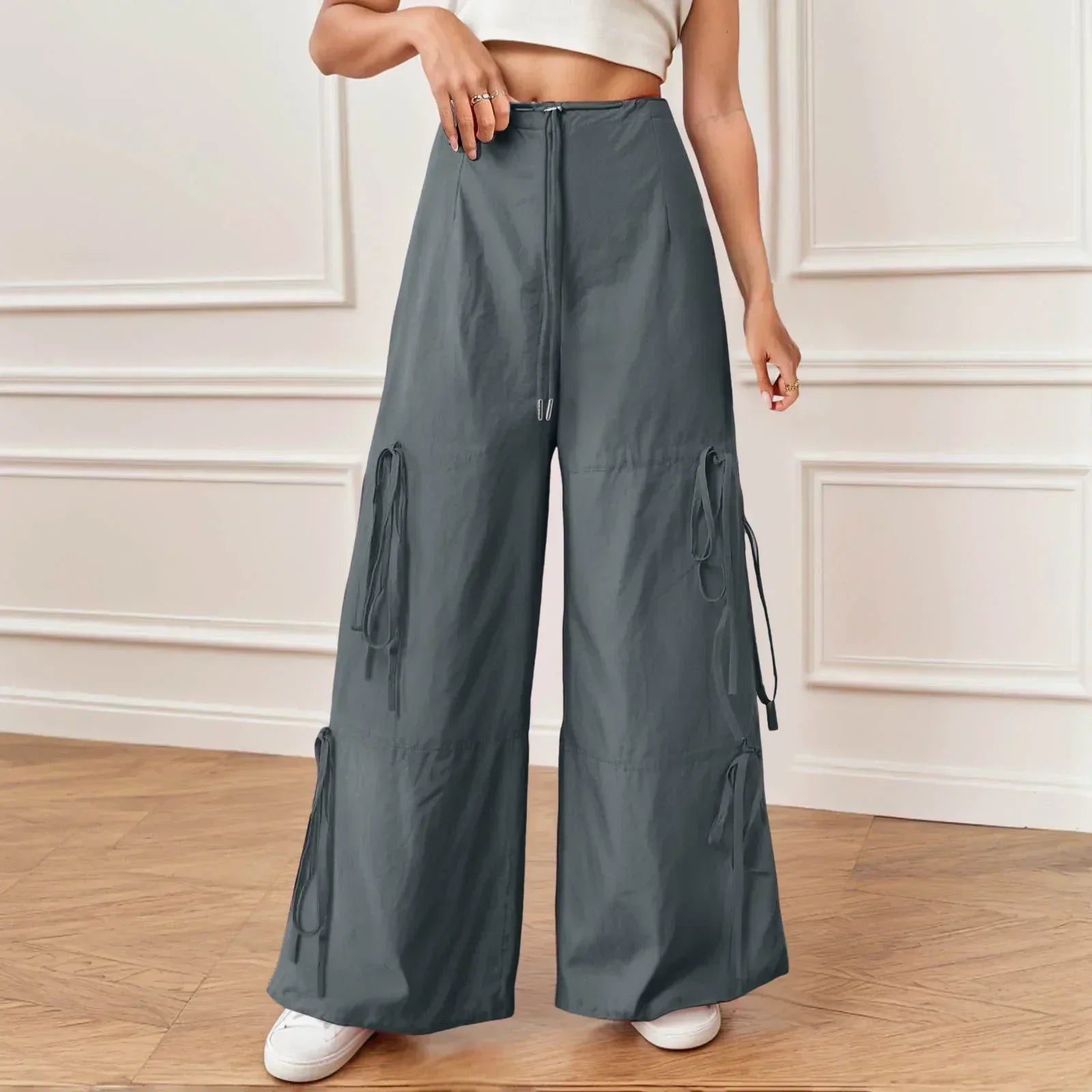 Pleated Wide Leg Sports Bow Tie Pants Grey / S