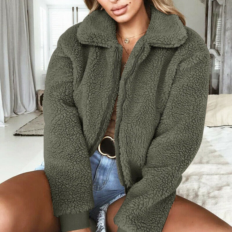 Faux FurWarm Soft Plush Zipper Coat