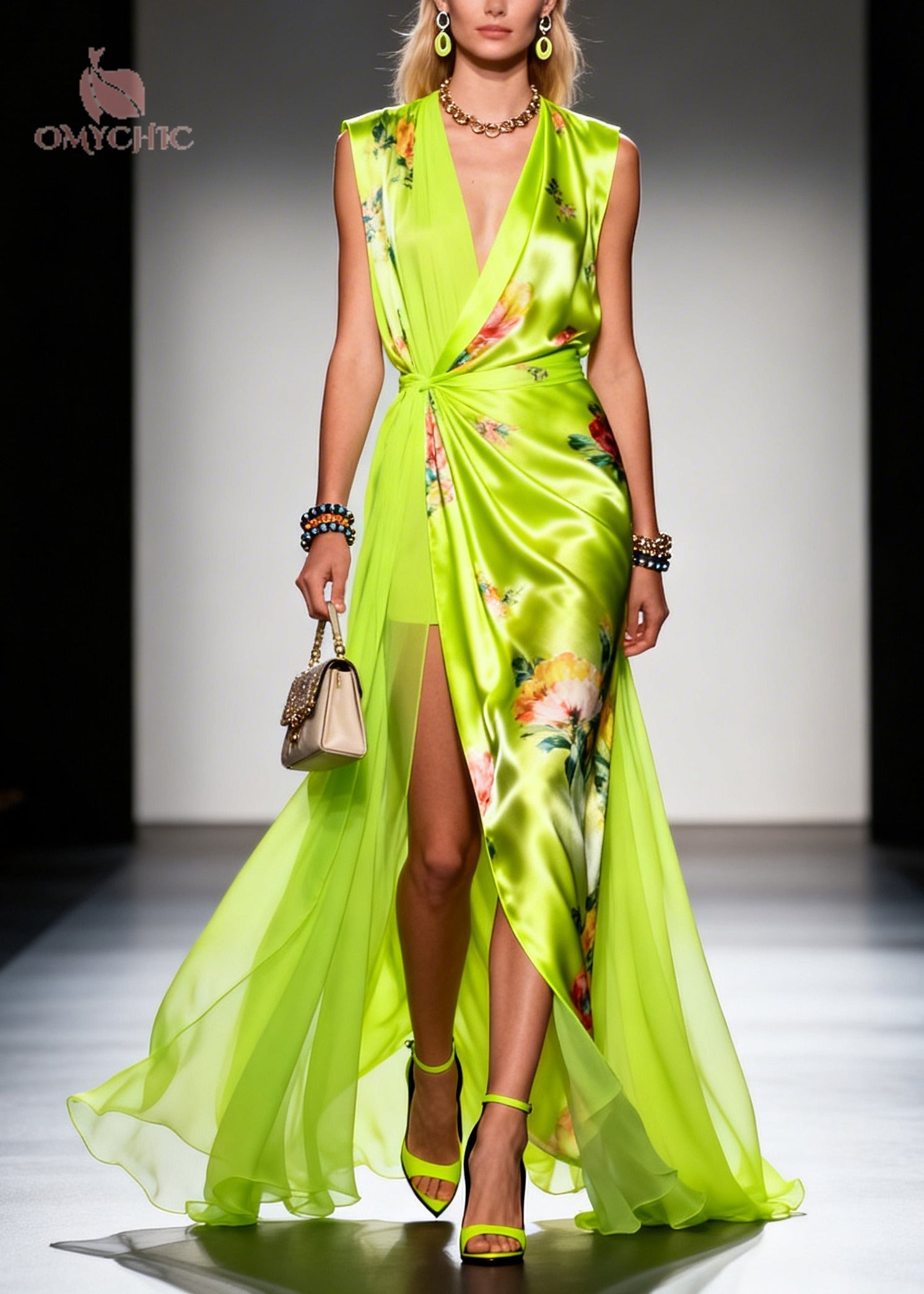 Women Fluorescent Green Exra Large Hem Side Open Chiffon Robe Dresses Summer