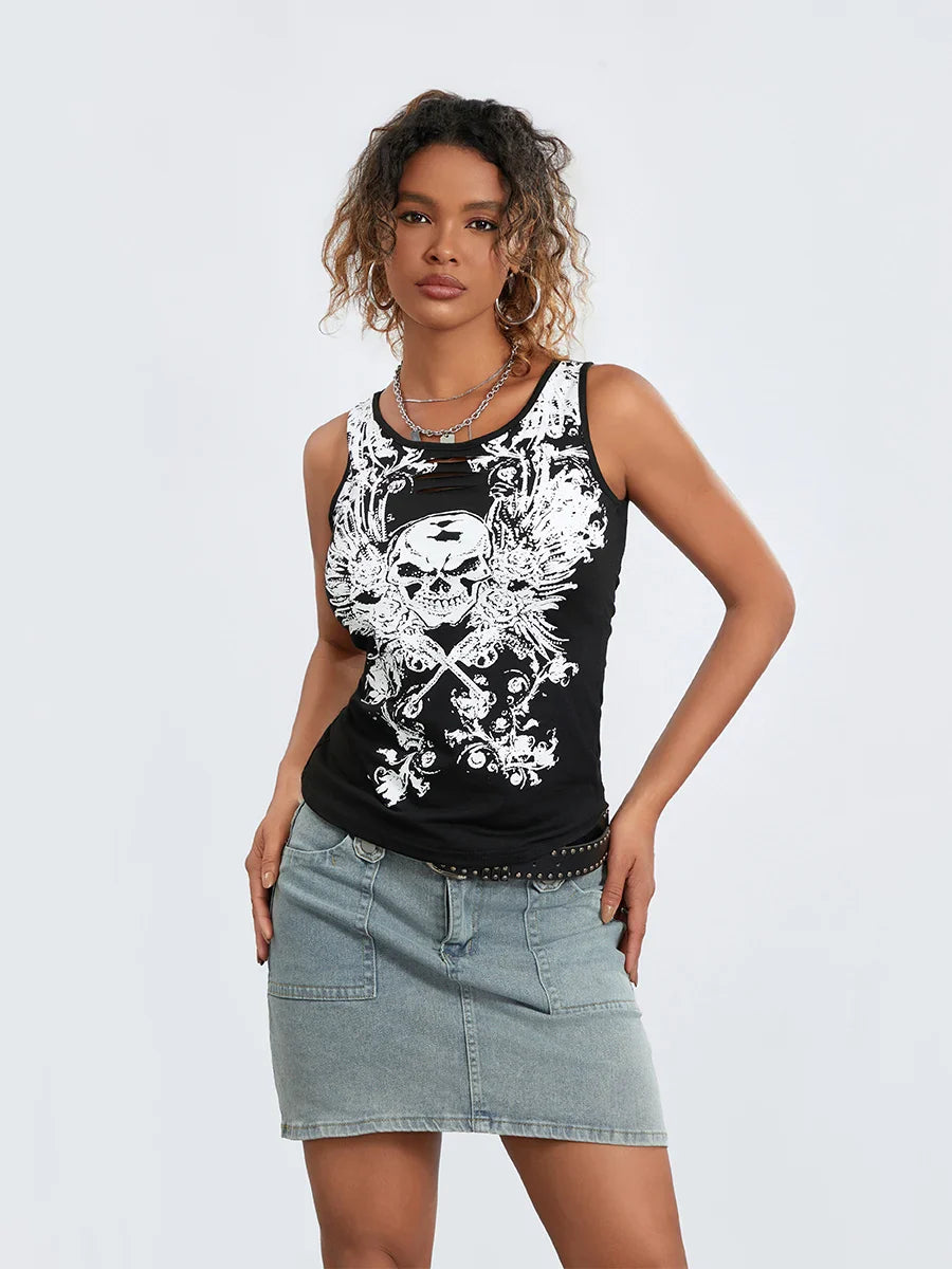 Goth Tank Fairy Grunge Skull Print HollowOut Sleeveless Summer Running Crop Top