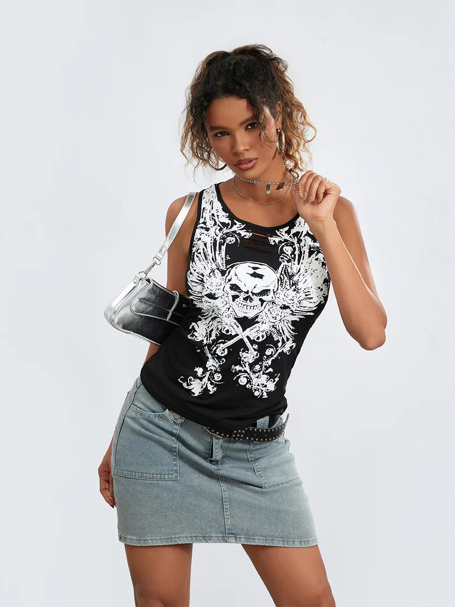 Goth Tank Fairy Grunge Skull Print HollowOut Sleeveless Summer Running Crop Top