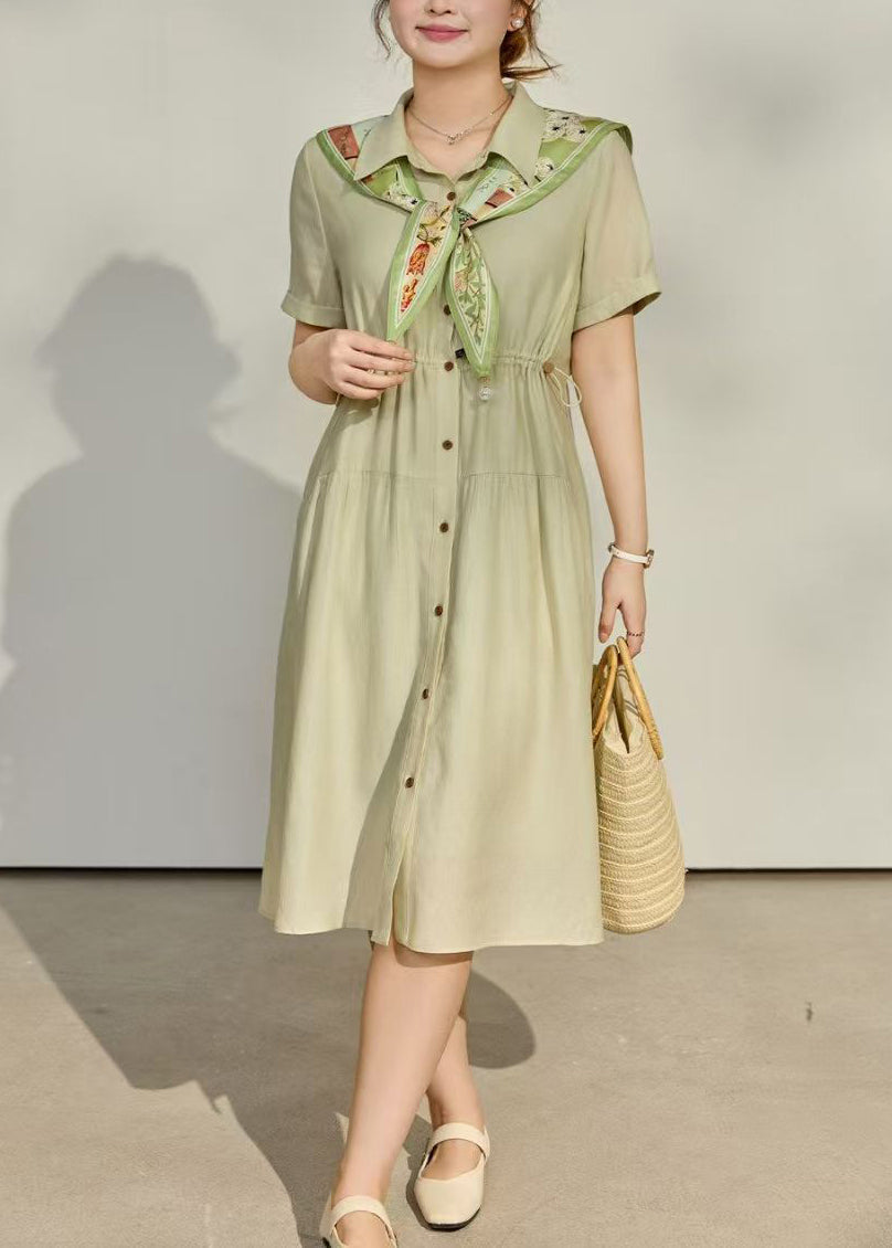 Women Green Cinched Cotton Long Dress Summer