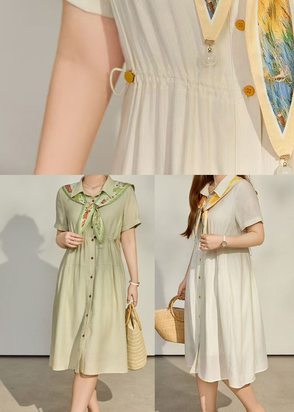 Women Green Cinched Cotton Long Dress Summer