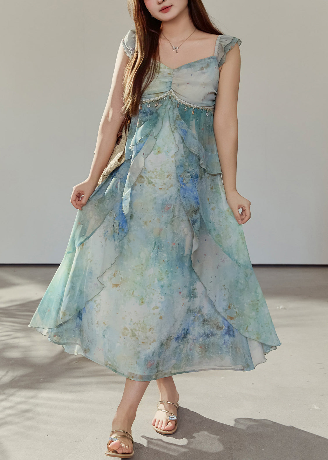 Women Green Ruffled Print Chiffon Vacation Dresses Summer