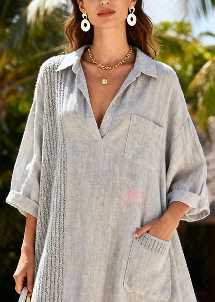 Women Grey Oversized Patchwork Cotton Shirt Dresses Spring