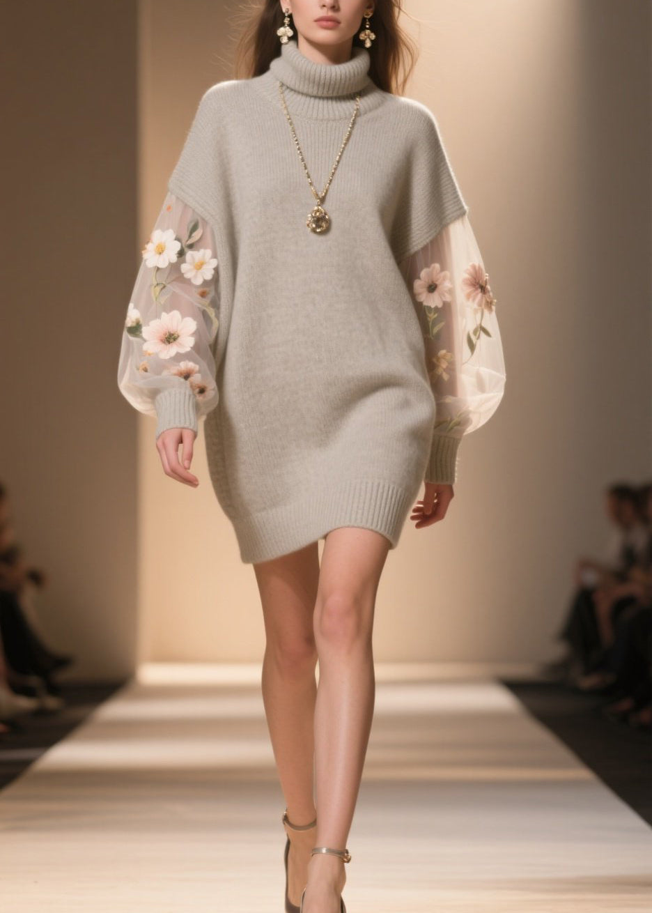 Women Hign Neck Floral Tulle Patchwork Knit Sweater Dress Winter