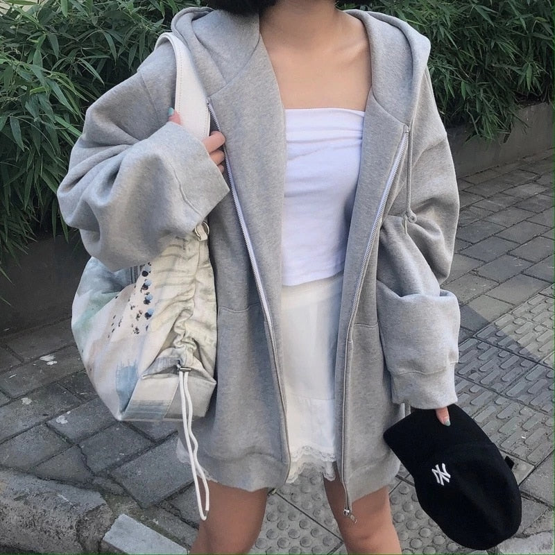 Korean Version Zip Up Loose Oversized Hoodie Sweatshirts & Hoodies-L