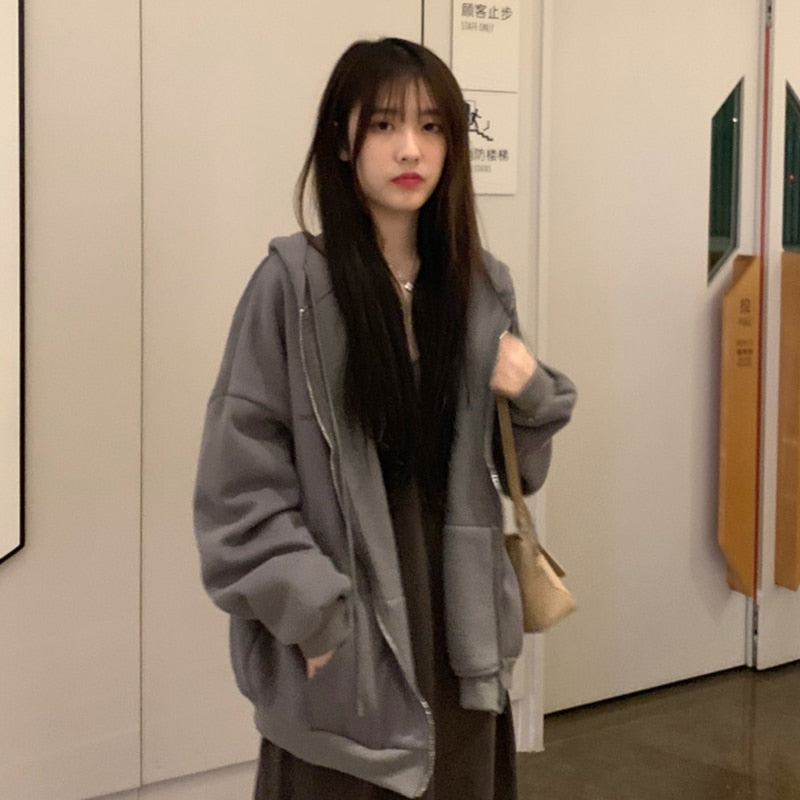 Korean Version Zip Up Loose Oversized Hoodie Dark Grey / S Sweatshirts & Hoodies-L