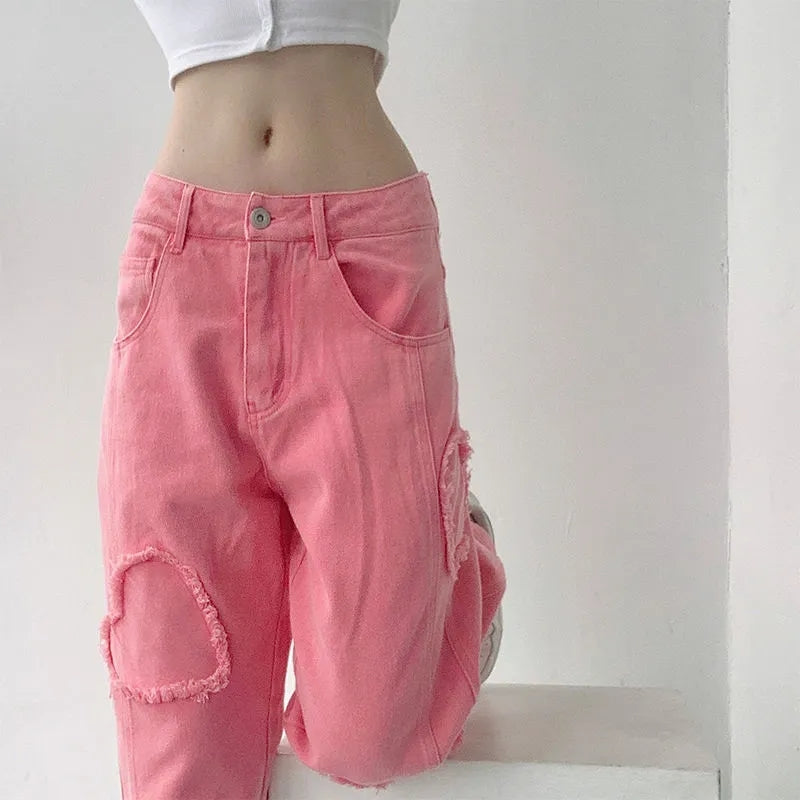 Y2K Cute Pink Heart Shape Jeans