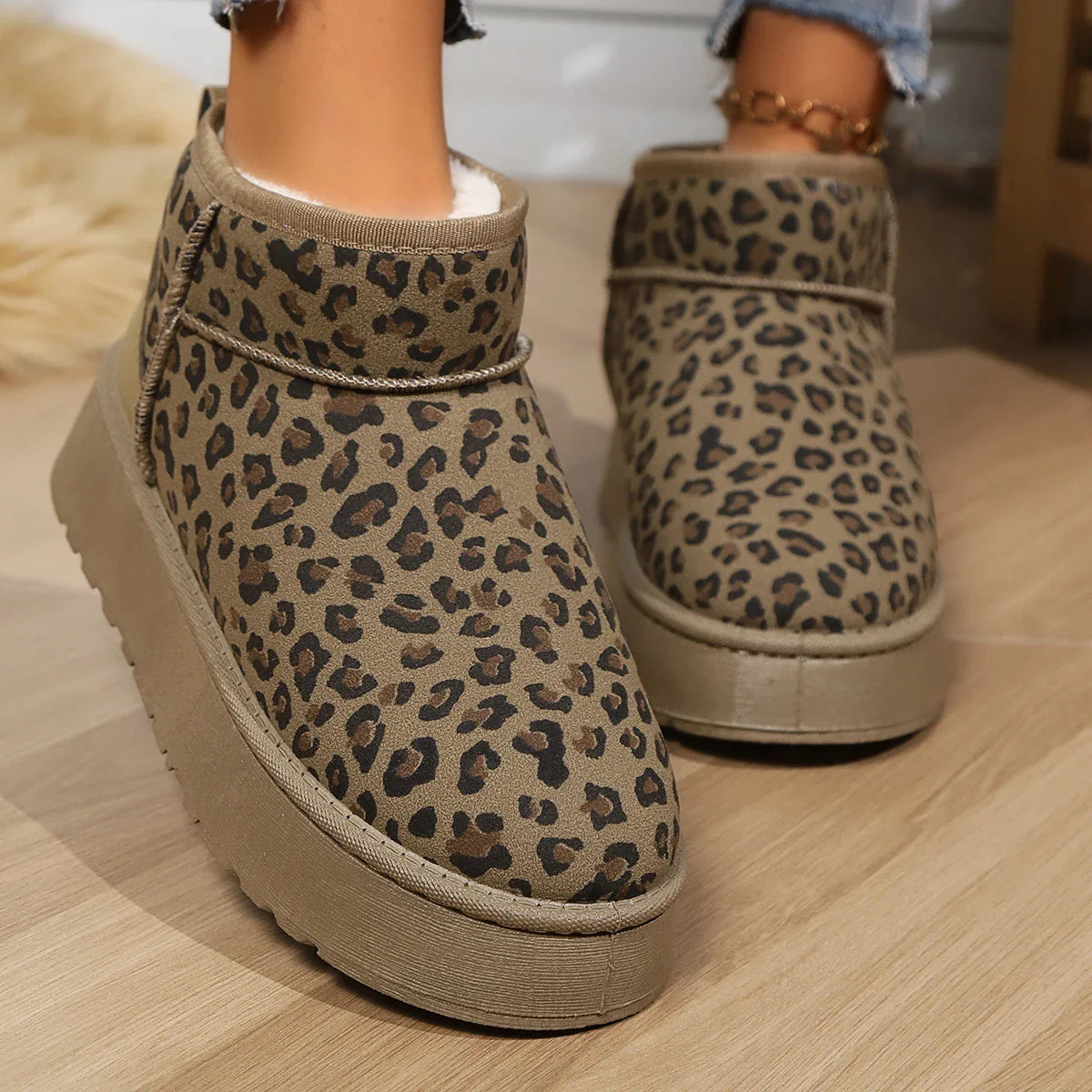 Leopard Print Nonslip Wearresistant Fashion Plush Short Snow Boot