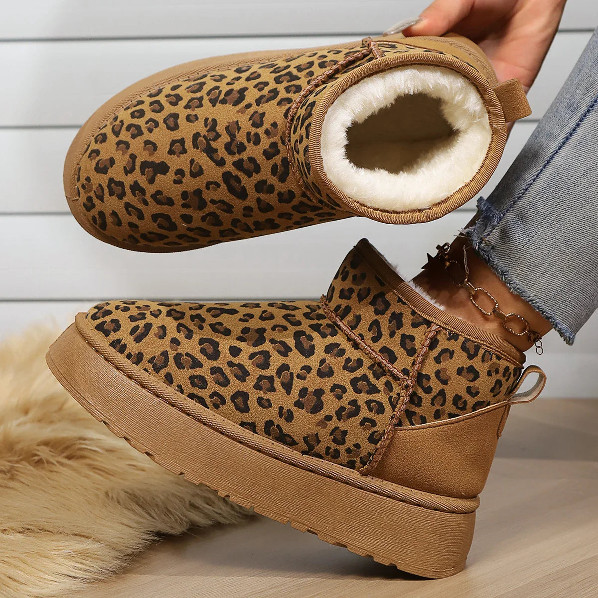 Leopard Print Nonslip Wearresistant Fashion Plush Short Snow Boot