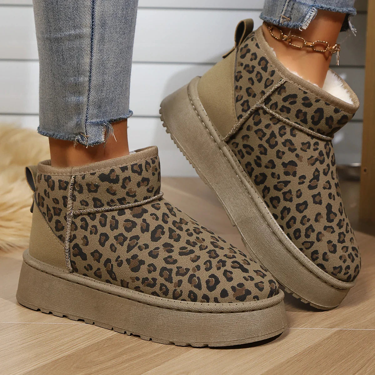 Leopard Print Nonslip Wearresistant Fashion Plush Short Snow Boot
