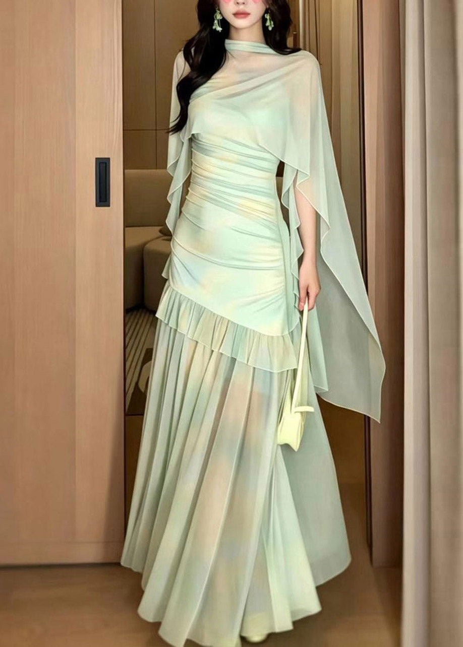 Women Light Green Print Tulle Maxi Dress And Cape Two Piece Set Summer