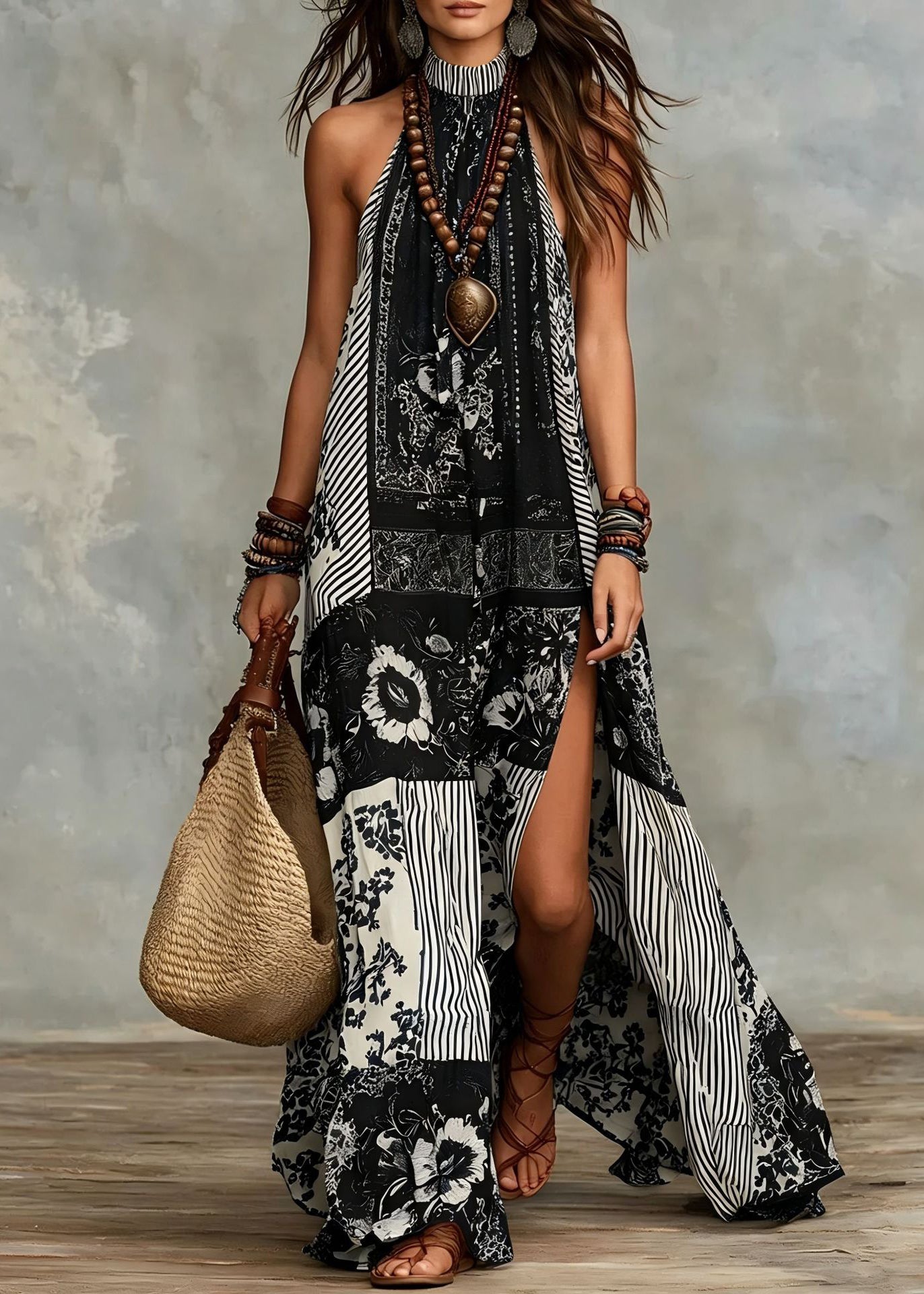 Women Navy Print Side Open Cotton Long Dress Sleeveless