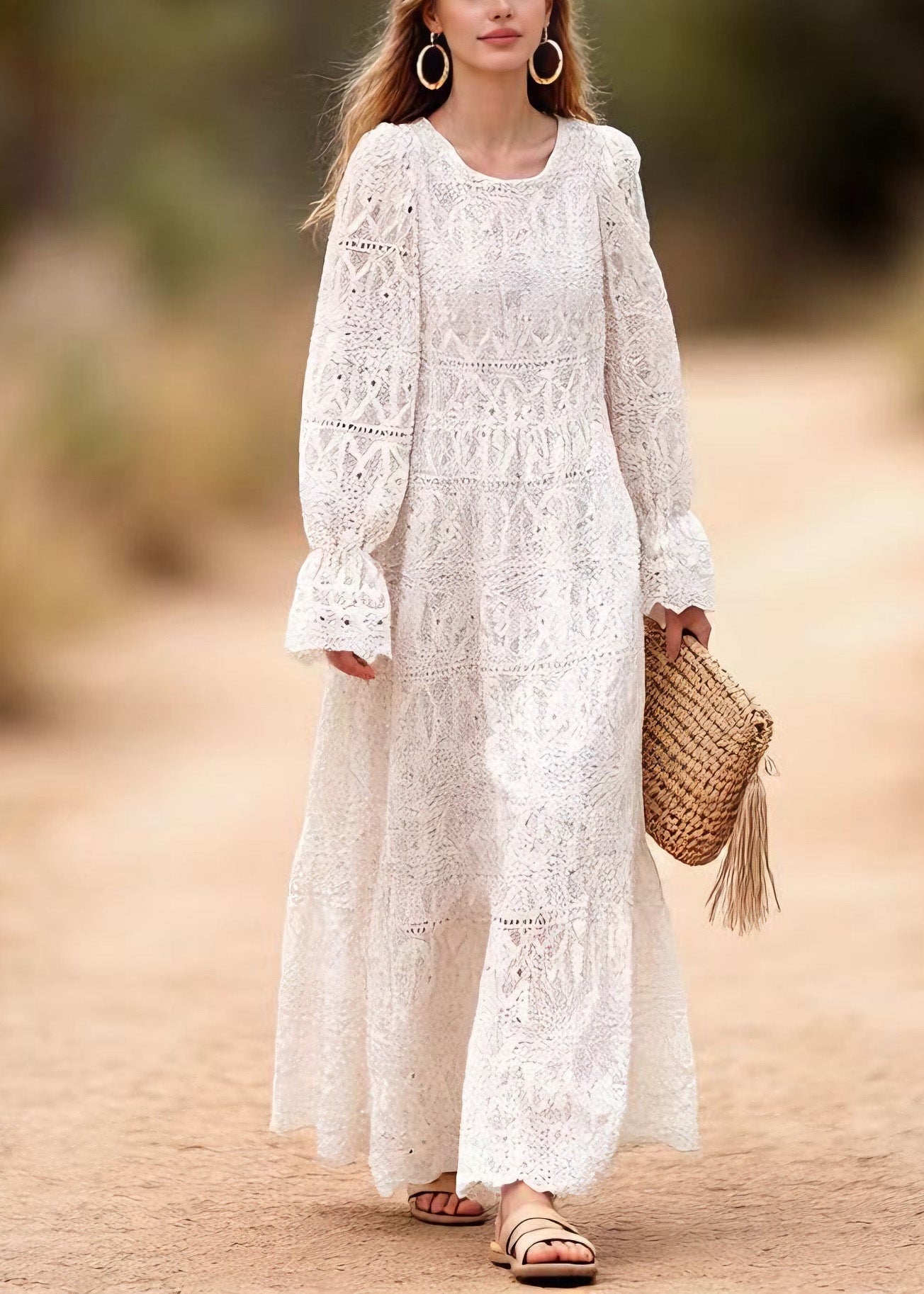 Women O Neck Embroidered Hollow Out Lace Long Dresses Spring