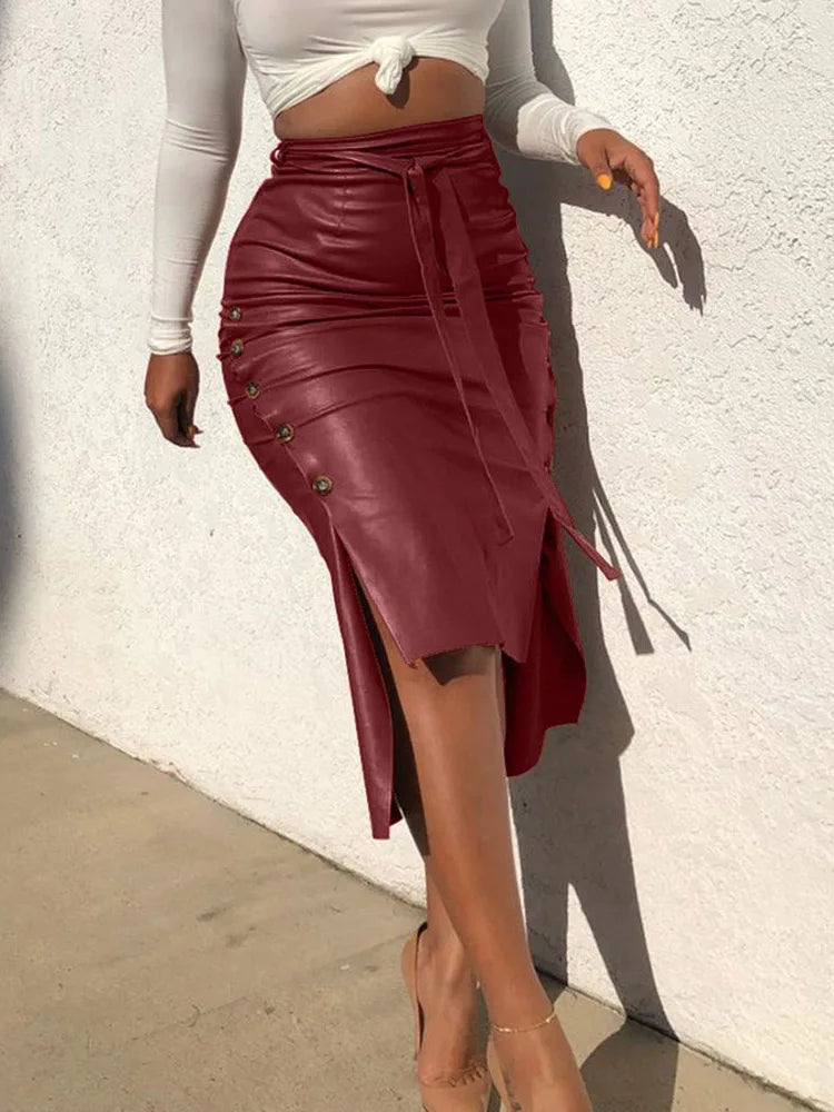 PU Leather Solid High Waist Laceup Side Button Slim Skinny Pencil Skirt