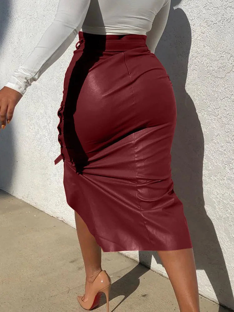 PU Leather Solid High Waist Laceup Side Button Slim Skinny Pencil Skirt
