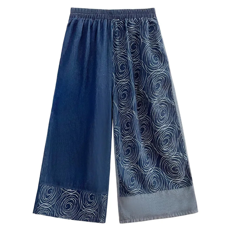 Women Patchwork Casual Denim High Elastic Waist Personality Fashion Loose Wide Leg Korea Spring Autumn New Jean