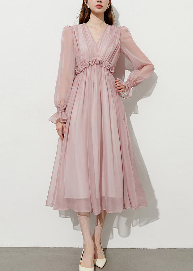 Women Pink Ruffled Chiffon Holiday Dress Summer