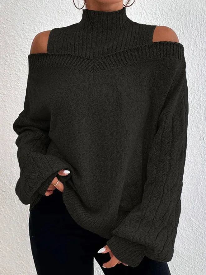 Off Shoulder Semi High Neck Knit Sweater Black / S