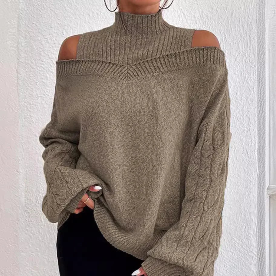 Off Shoulder Semi High Neck Knit Sweater