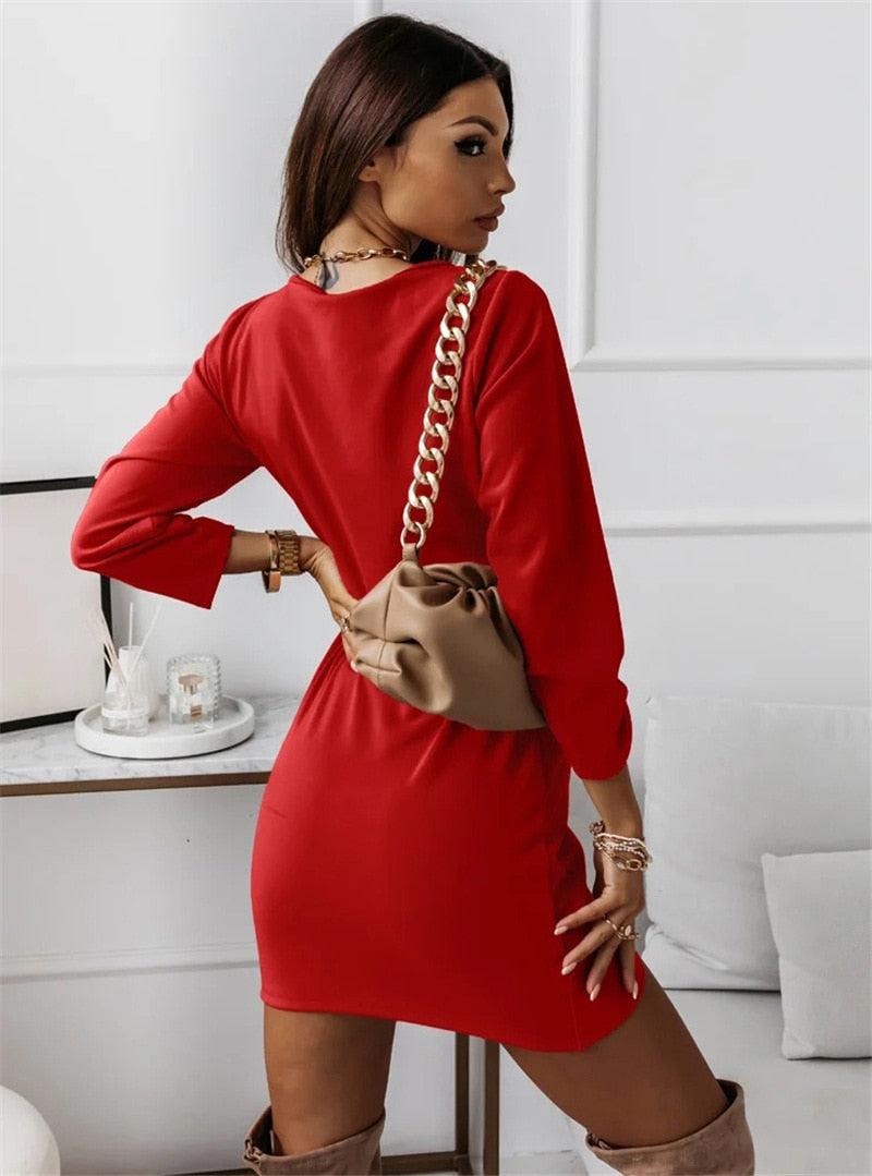 Solid Color Dresses VNeck Long Sleeve Slim Mini Dress