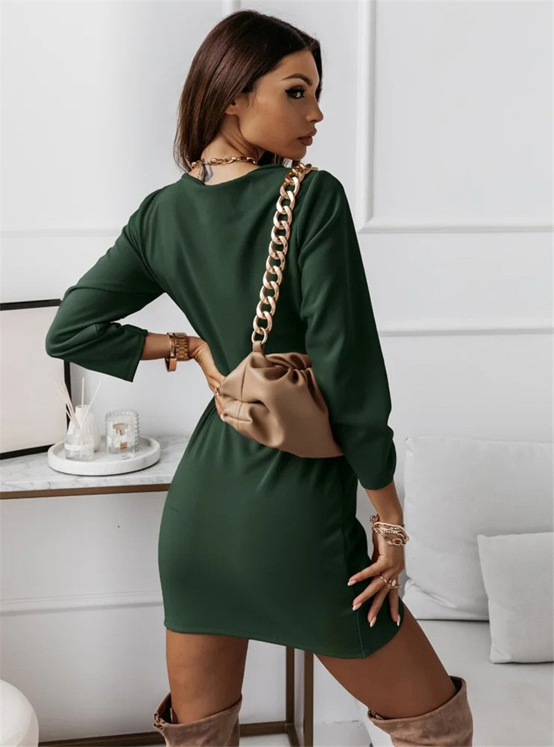 Solid Color Dresses VNeck Long Sleeve Slim Mini Dress