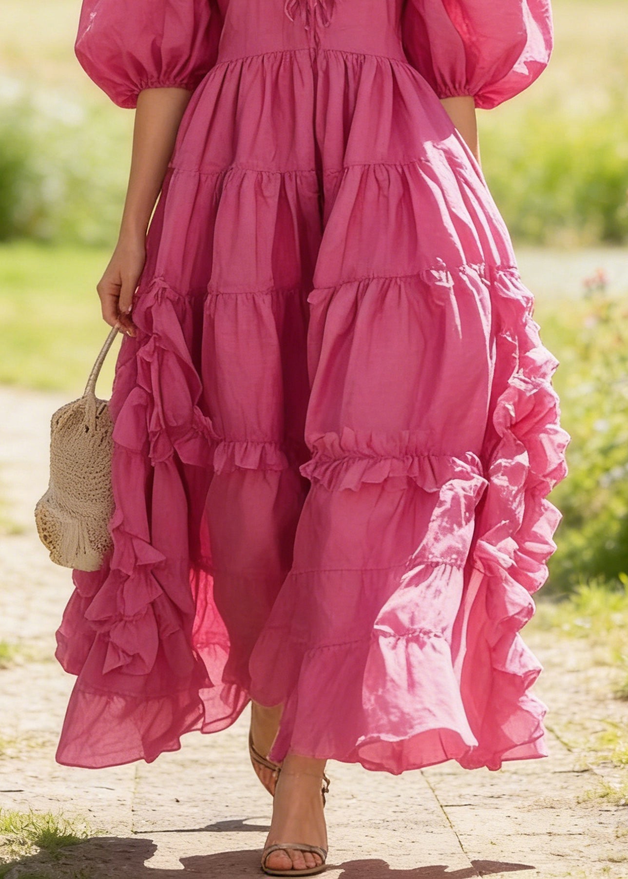 Women Rose Ruffled Exra Large Hem Cotton Dress Puff Sleeve