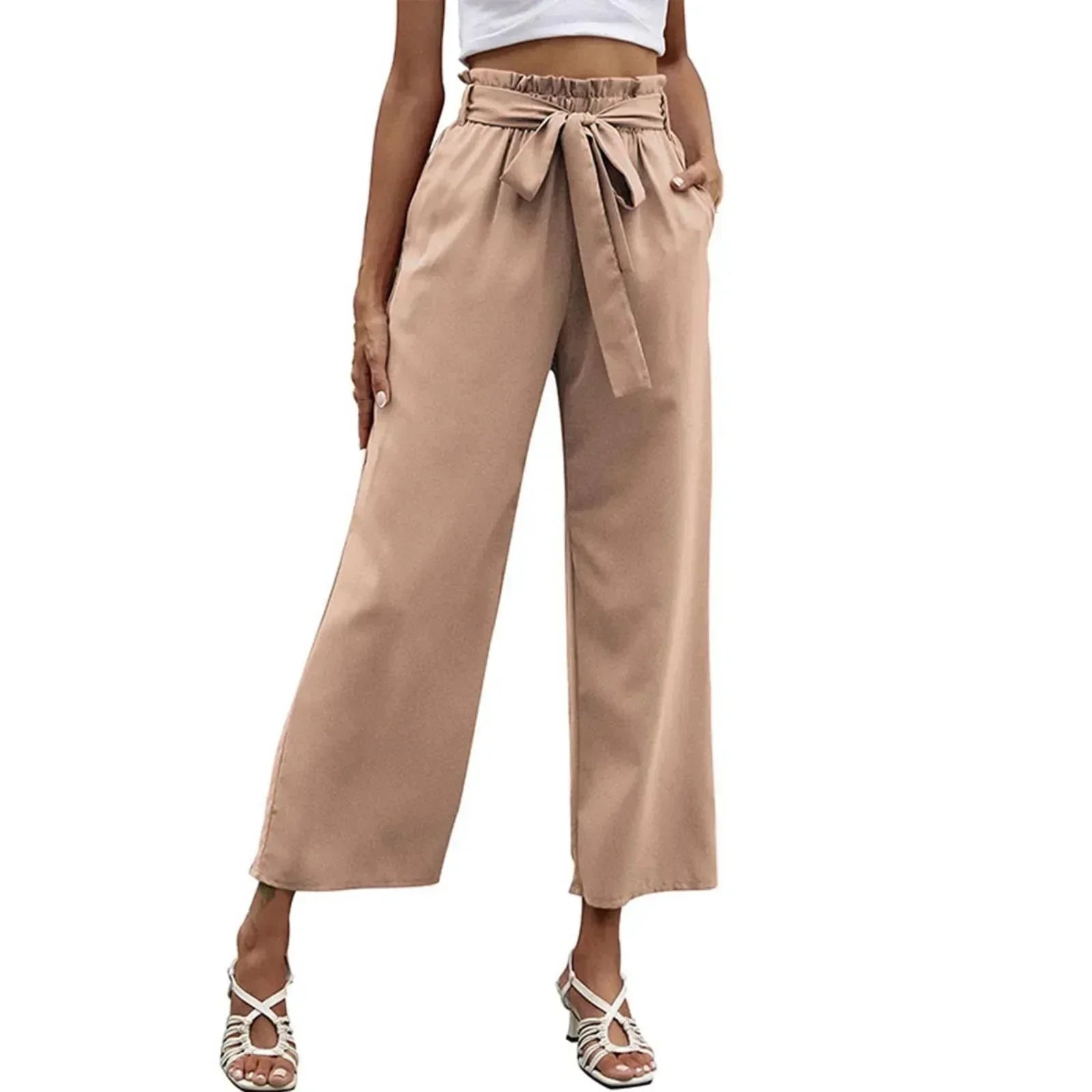 Bow Waistband Pleated Cotton Linen Pants Khaki / S