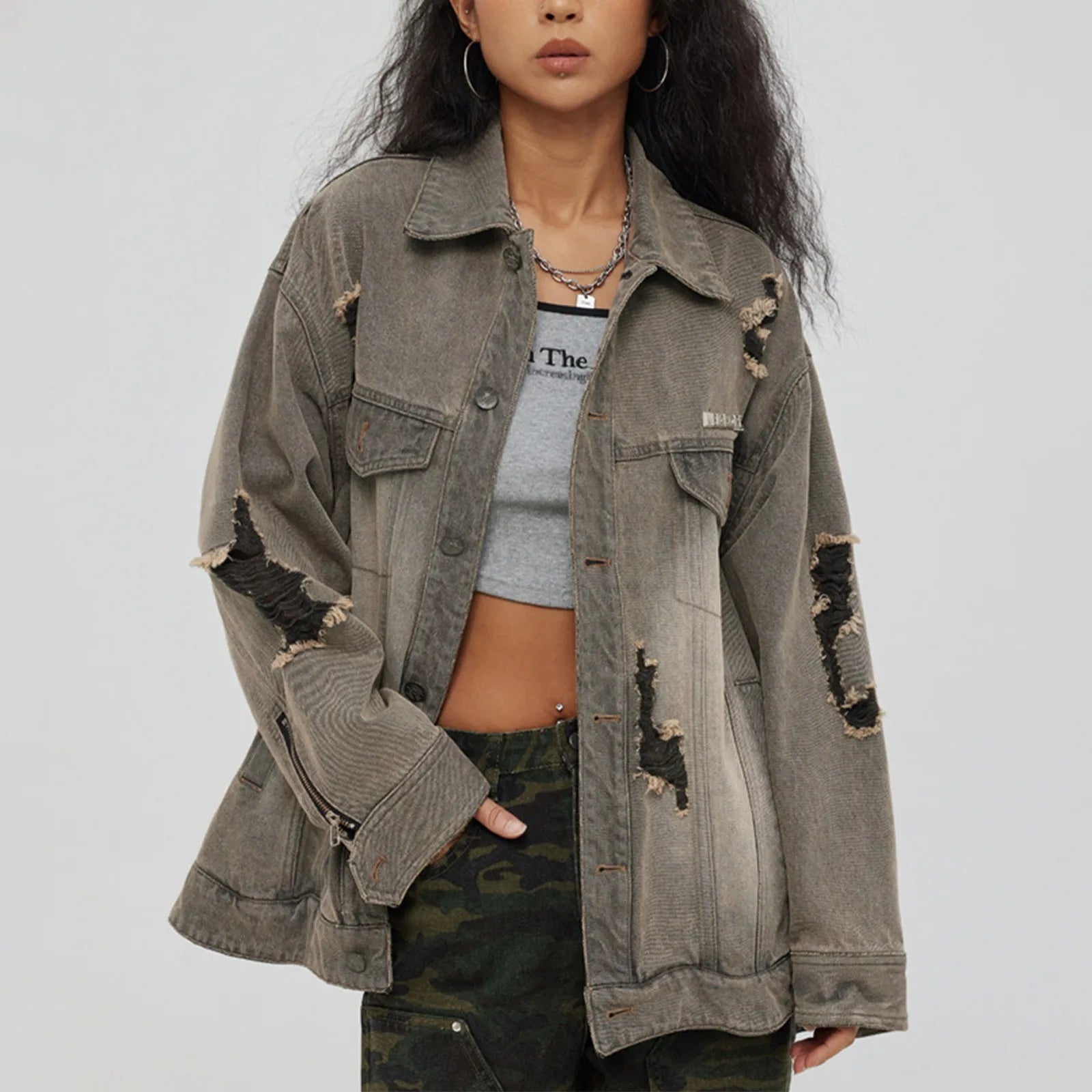 Distressed Denim With Collar Vintage Large Pockets Chic Stylish Elegant Fashionable Versatile