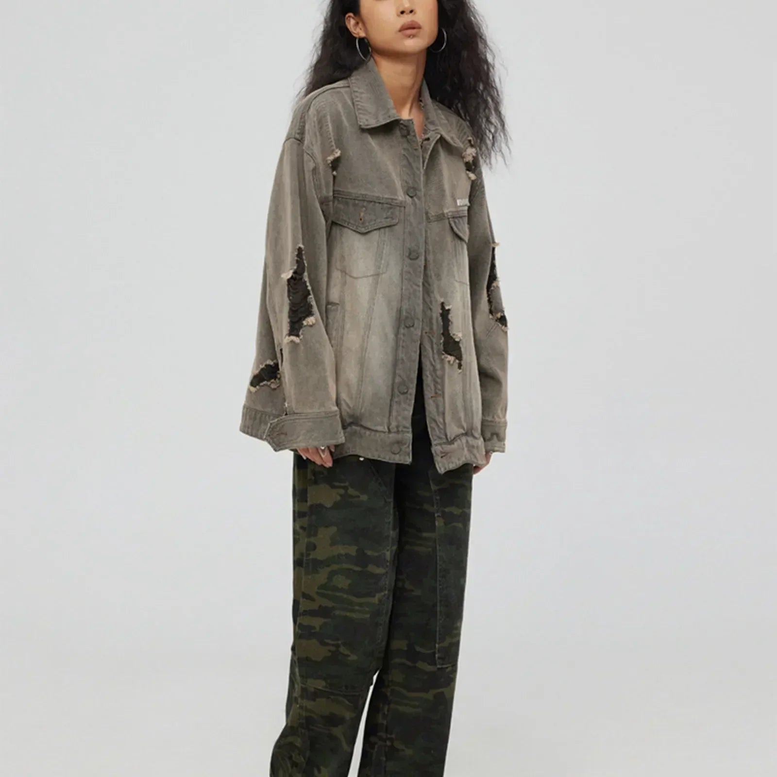 Distressed Denim With Collar Vintage Large Pockets Chic Stylish Elegant Fashionable Versatile Oversized Street Winter Jacket