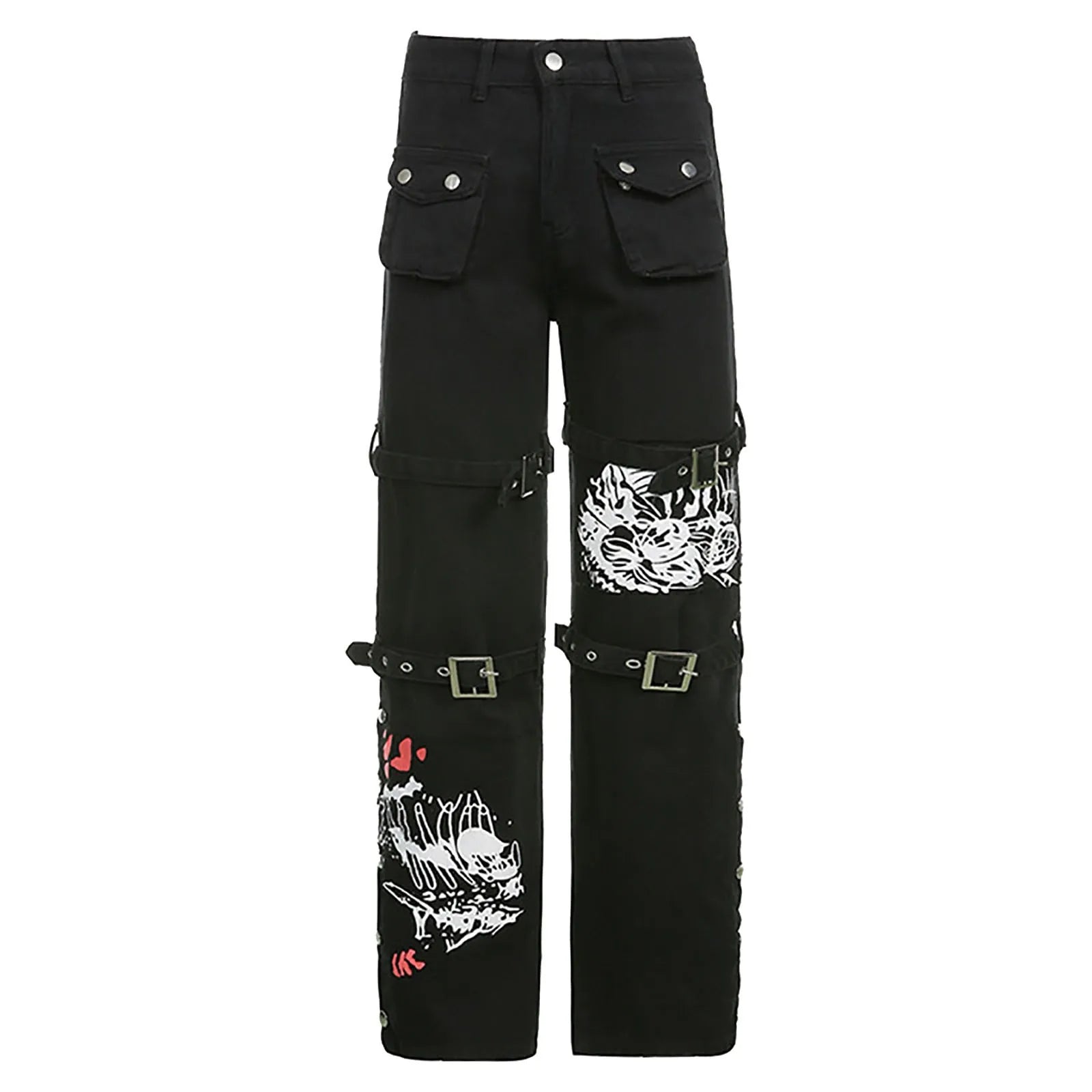 Gothic Retro Washed Print LowRise Cool Loop Hip Hop WideLeg Street Pants