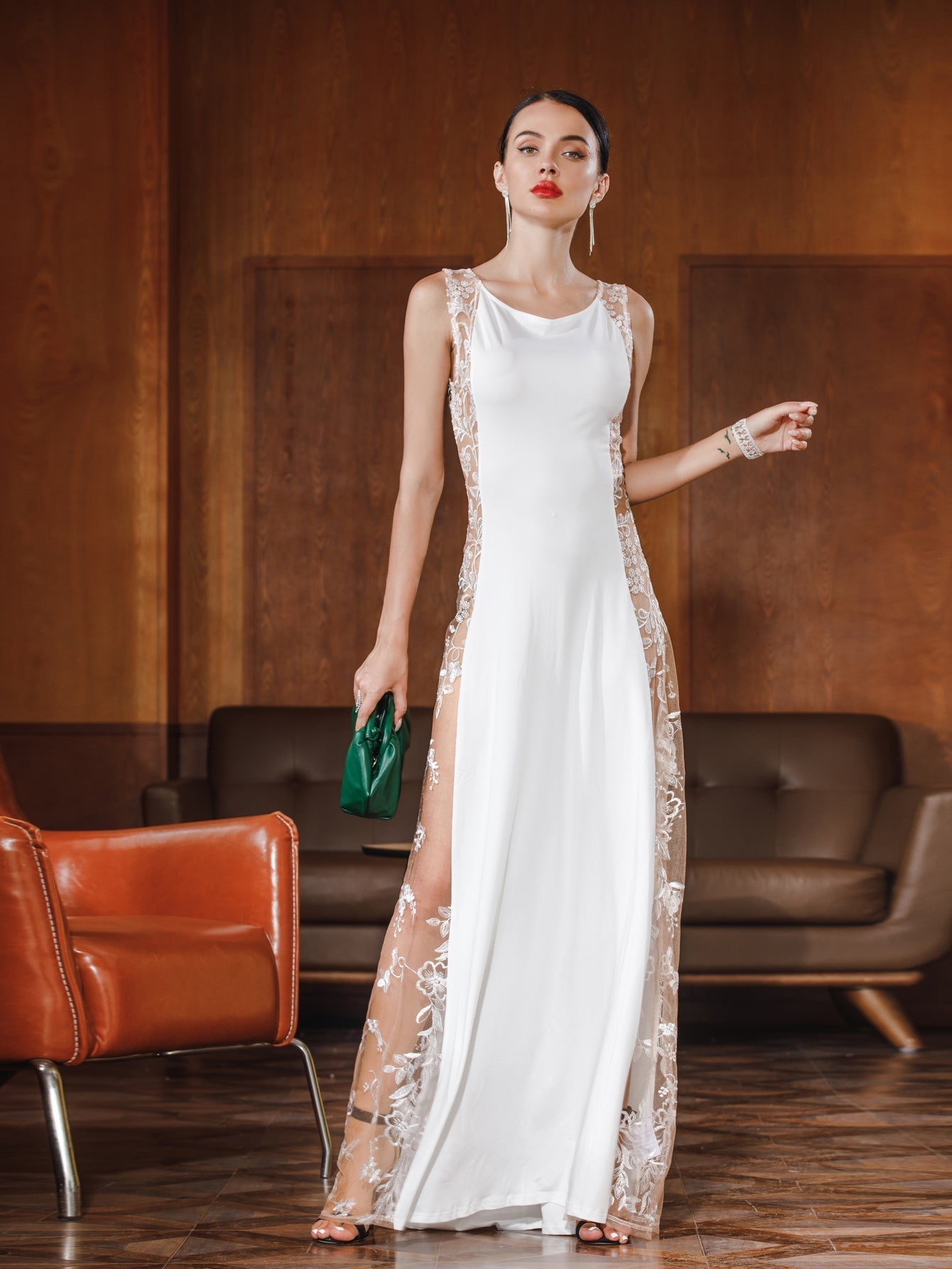 Women Sexy Mesh Emborideried Specing Patchwork Evening Party Dress