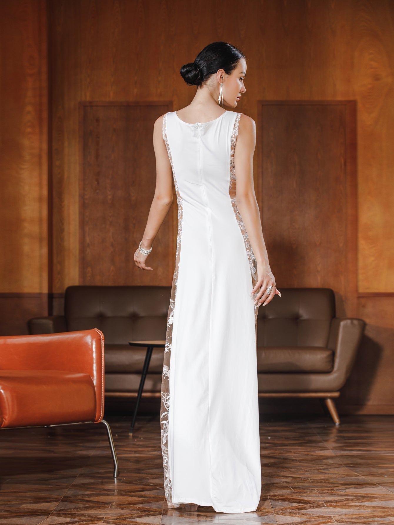 Women Sexy Mesh Emborideried Specing Patchwork Evening Party Dress