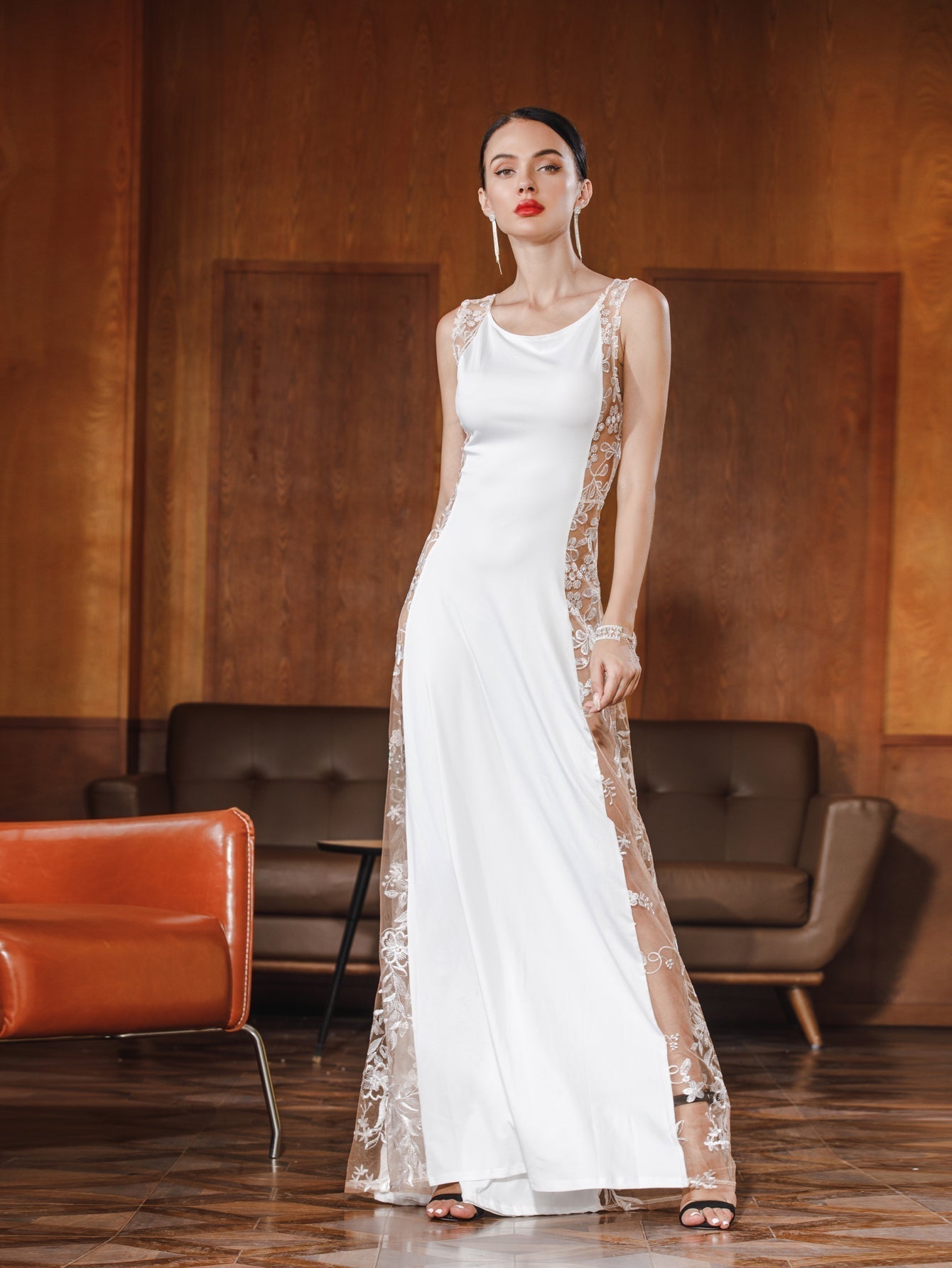 Women Sexy Mesh Emborideried Specing Patchwork Evening Party Dress