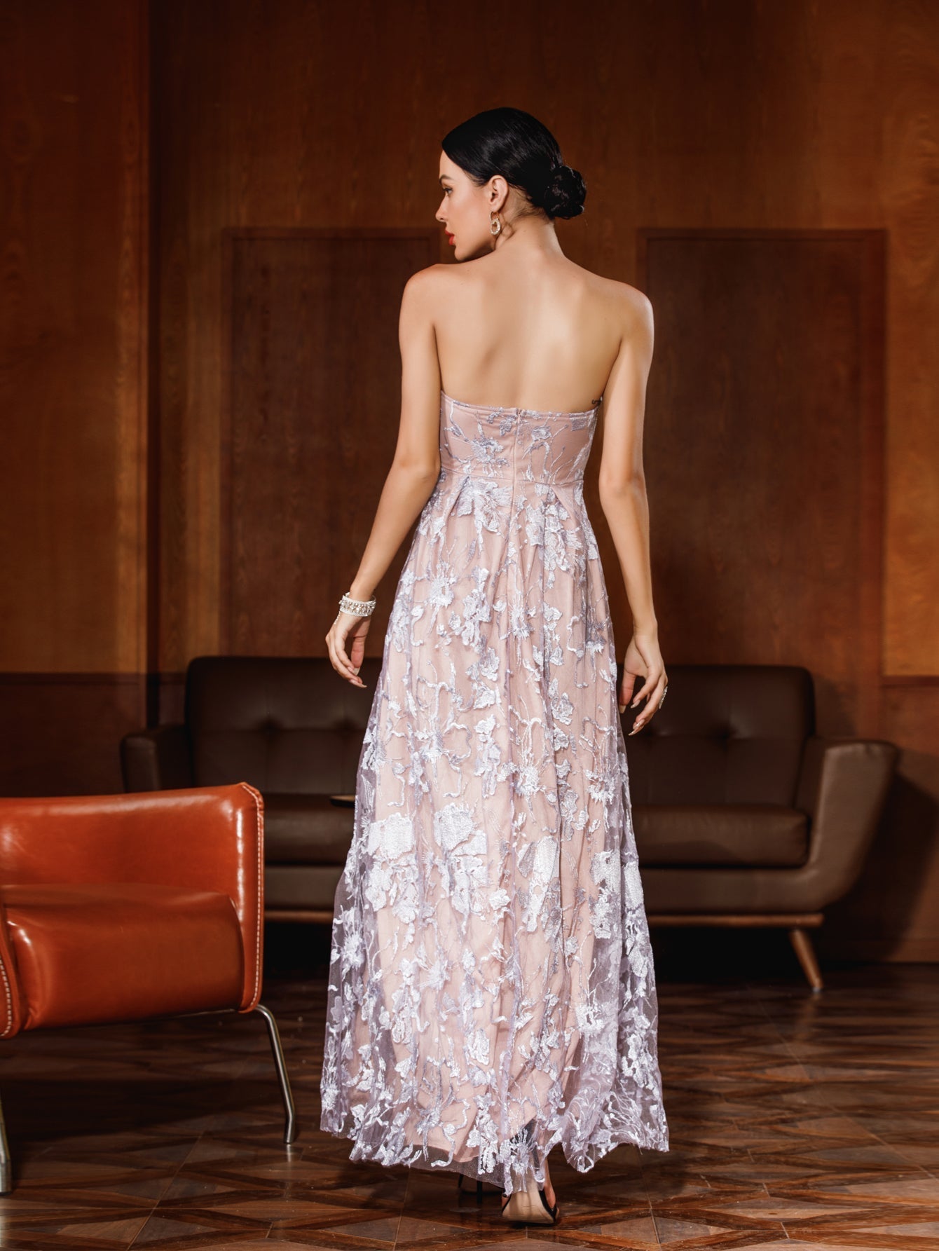 Women Sexy Strapless Backless Lace Slit Party Dress
