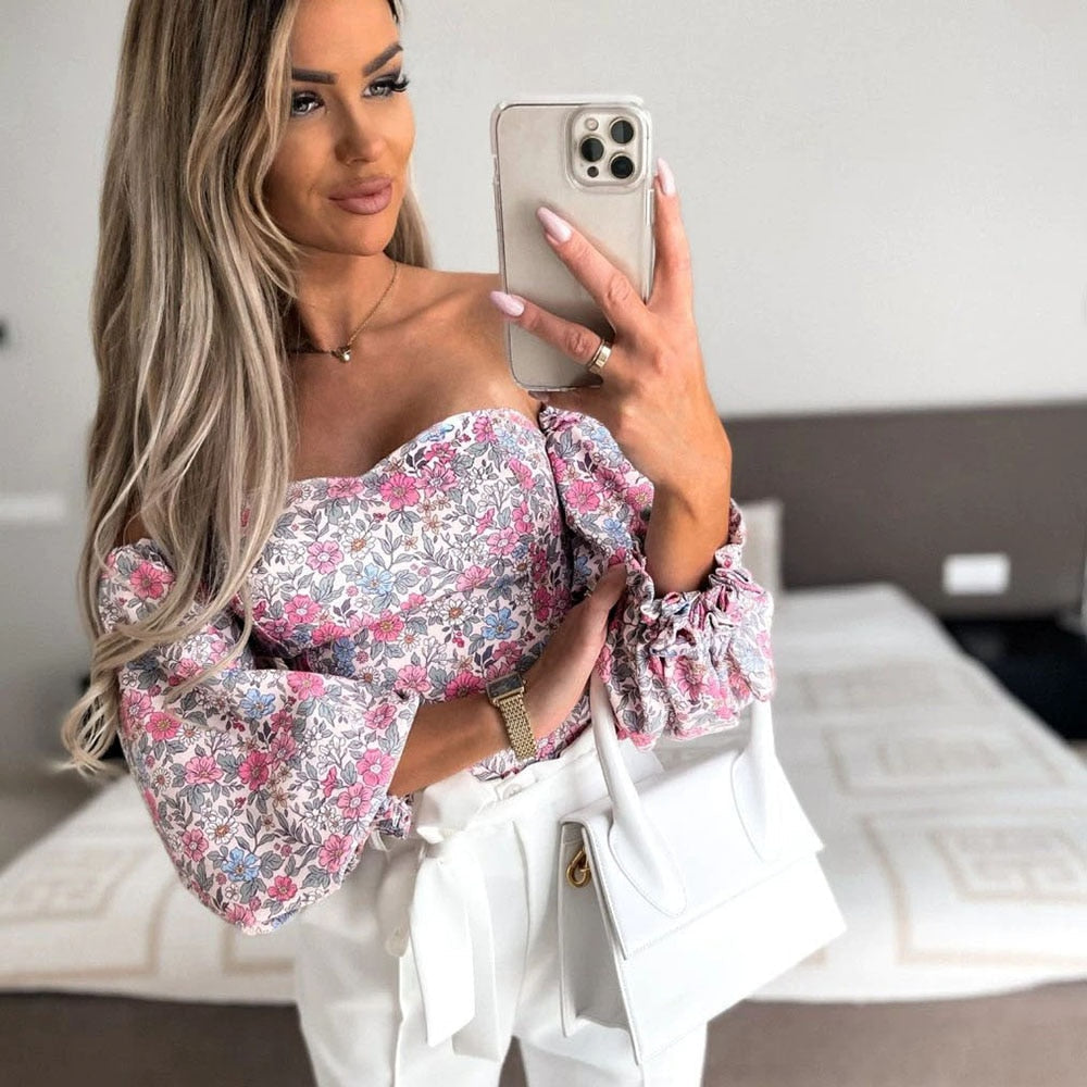 Women Top Summer Off Shoulder Floral Blouses Holiday Slash Neck Tops