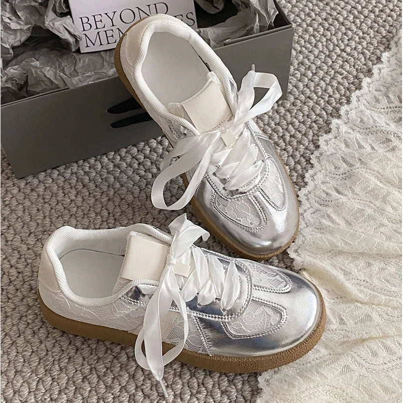 Women Soft Leather + Lace Mesh Walking Shoes Breathable Casual Sneaker New Lace Up Nonslip Flat Sports Jogging Running Trainers