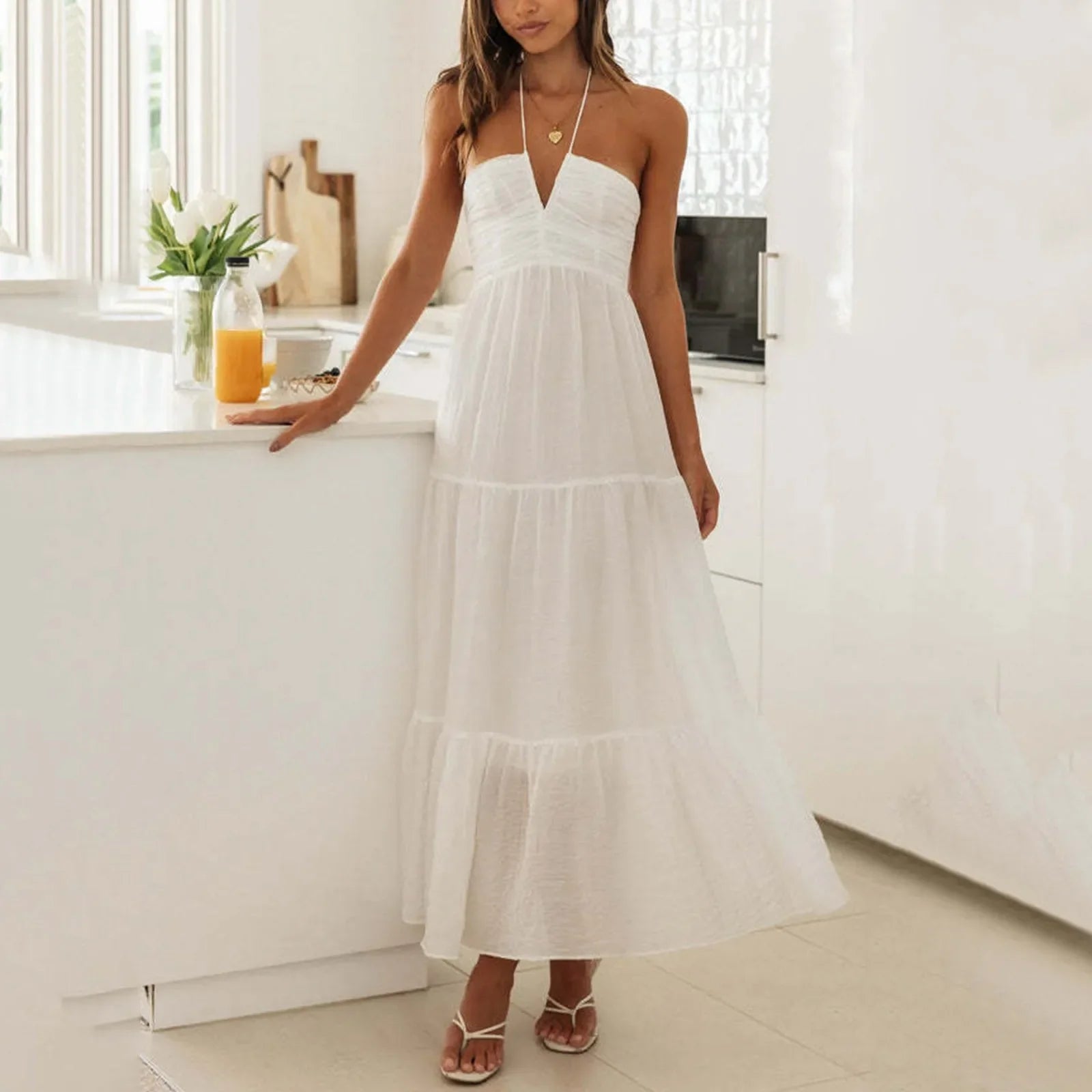 Stylish Solid Color Halter Spaghetti Strap V Neck Long Chic Sleeveless Backless ALine Dress