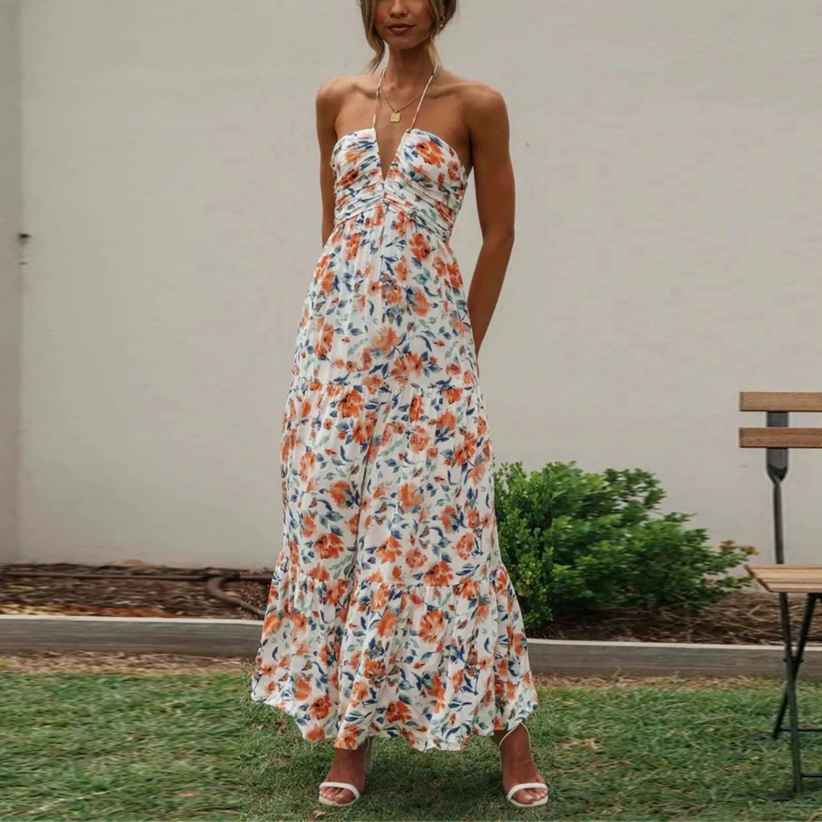 Stylish Solid Color Halter Spaghetti Strap V Neck Long Chic Sleeveless Backless ALine Dress