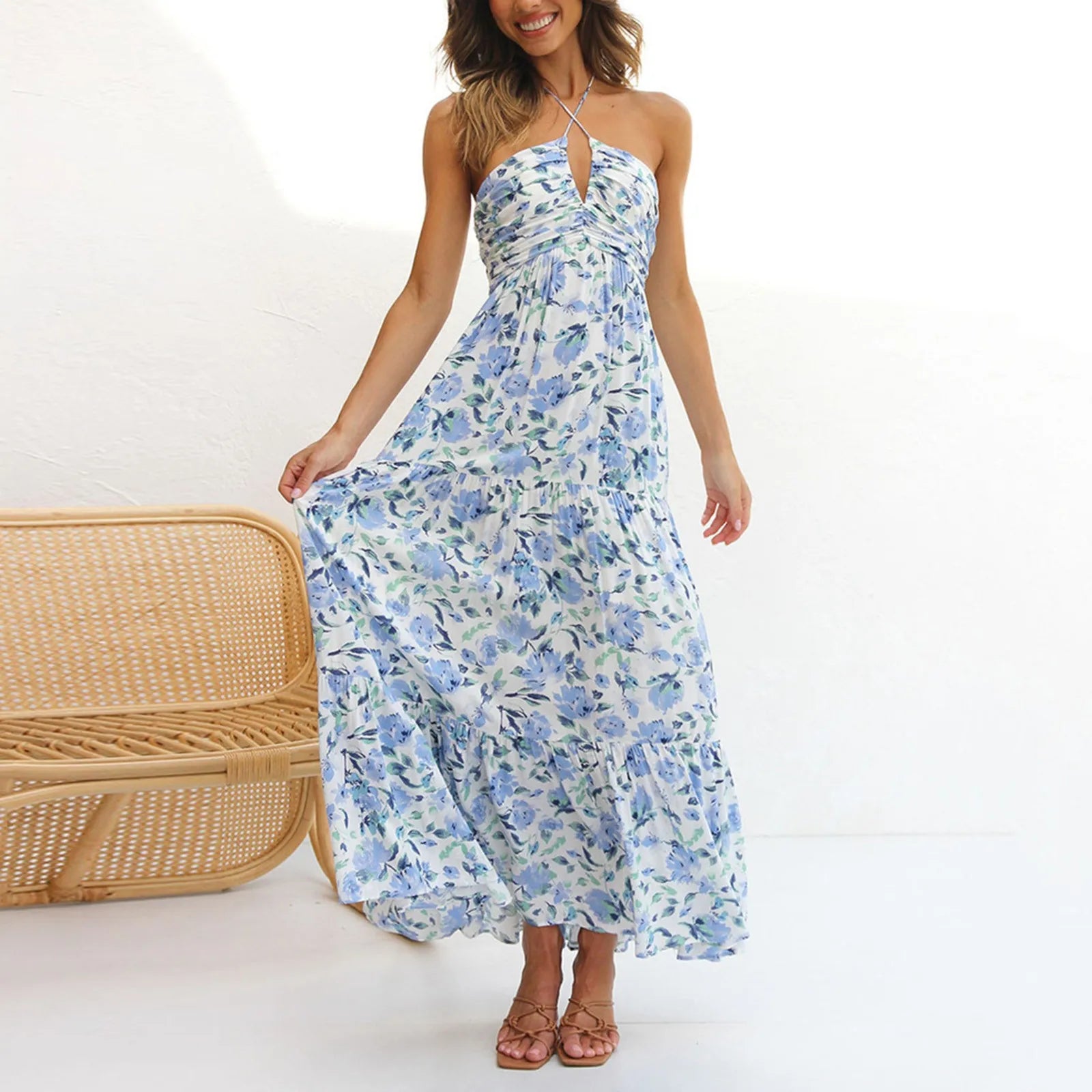 Stylish Solid Color Halter Spaghetti Strap V Neck Long Chic Sleeveless Backless ALine Dress