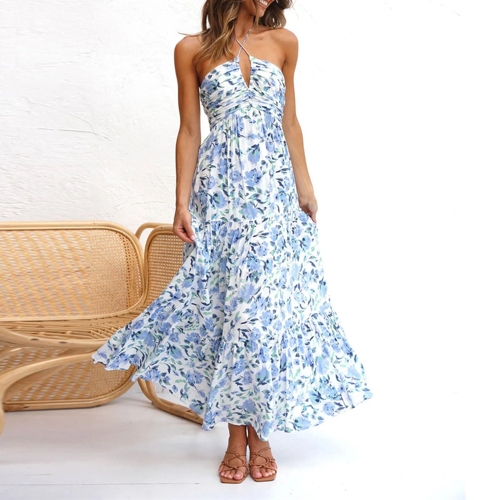 Stylish Solid Color Halter Spaghetti Strap V Neck Long Chic Sleeveless Backless ALine Dress