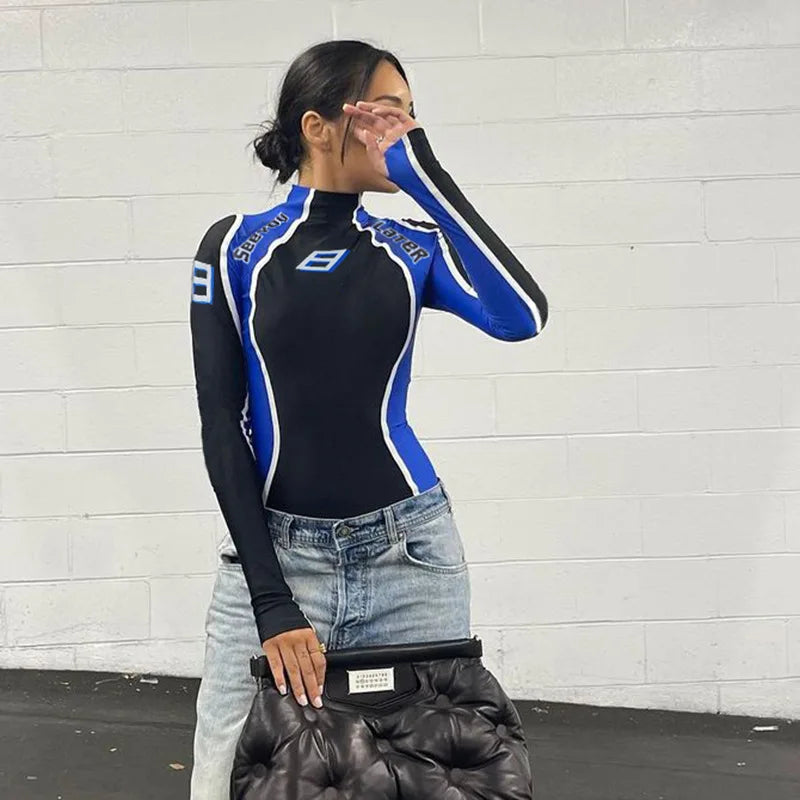 Women Streetwear Contrast-color Print Skinny Moto Rompers Knit Top