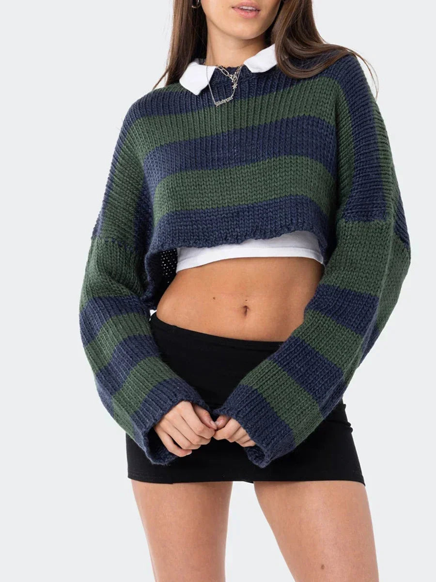 Striped Crew Neck Loose Sweater Green / S