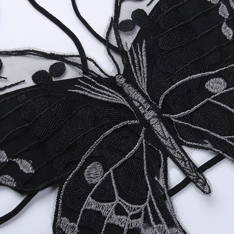 Gothic ButterflyShape Sexy Black Halter Strappy Backless Crop Top