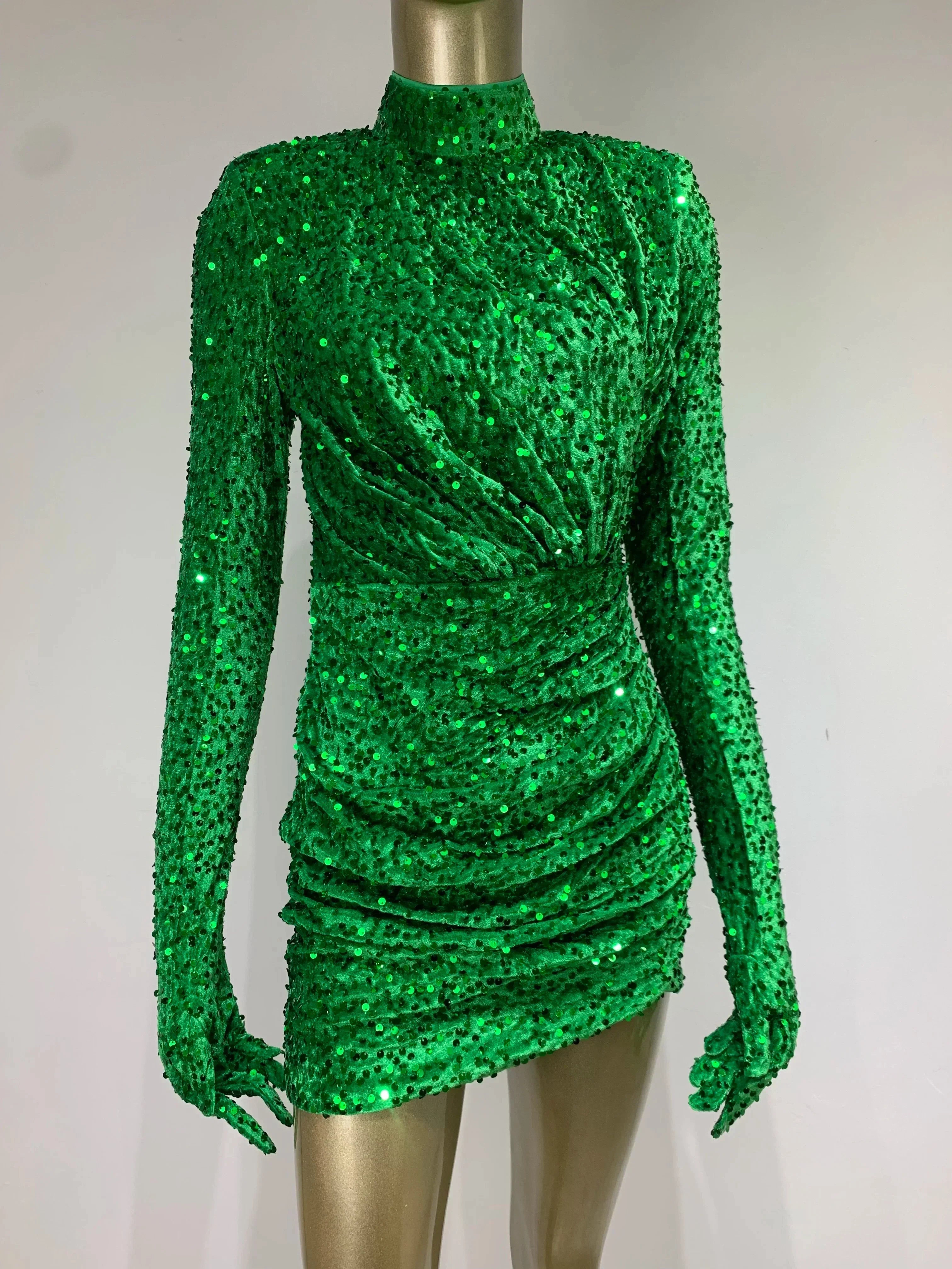 Summer Sexy Turtleneck Long Sleeve Velvet Green Mini Sequins Bodycon Party Dress