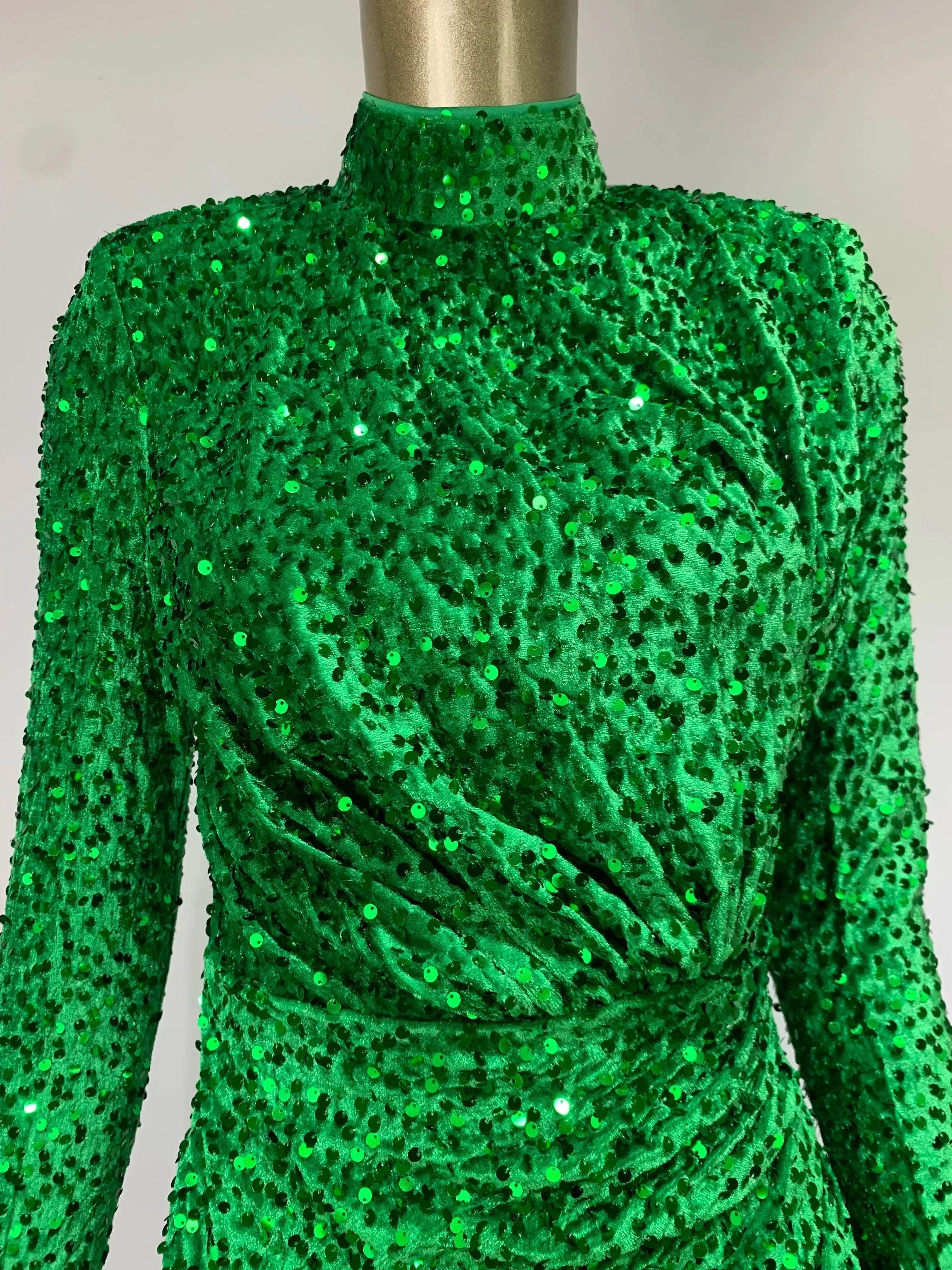 Summer Sexy Turtleneck Long Sleeve Velvet Green Mini Sequins Bodycon Party Dress